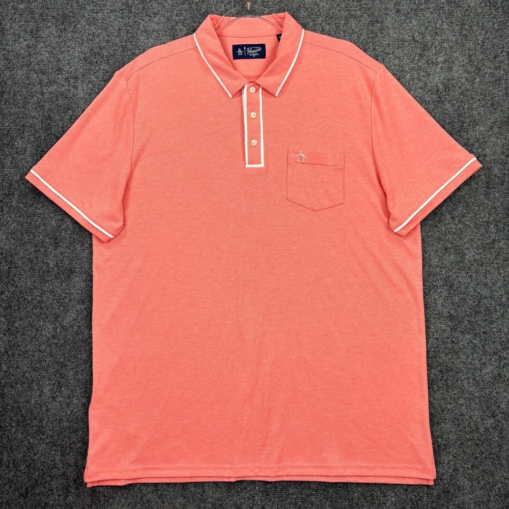 Original Penguin Mens XXL Coral Pink Short Sleeve Polo Shirt White Trim Pocket